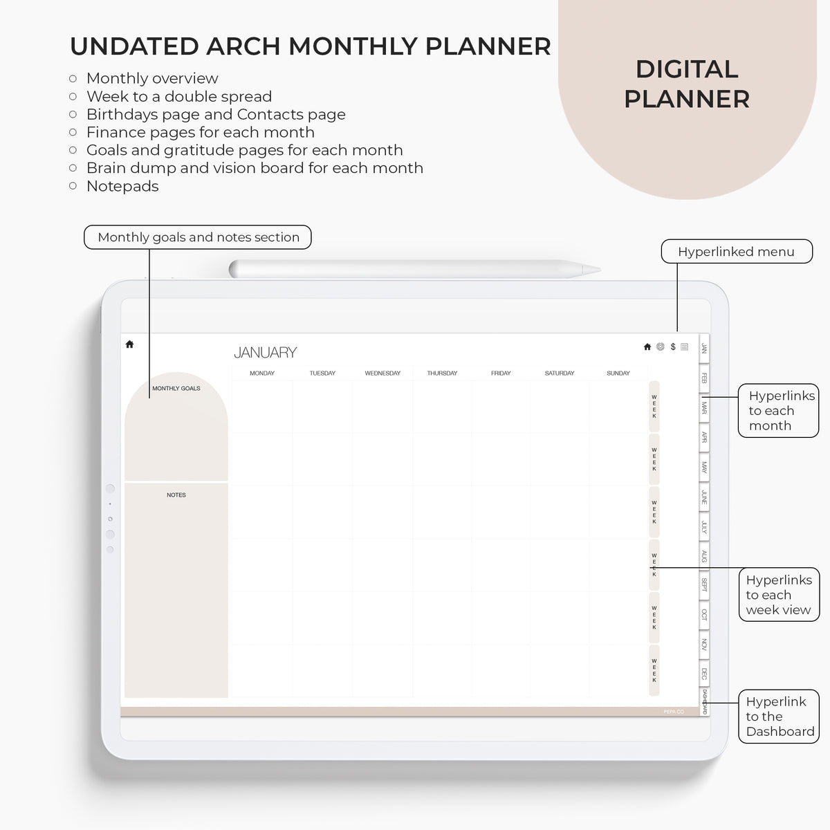 Arch Undated Monthly Digital Planner | Pepa Co Planners